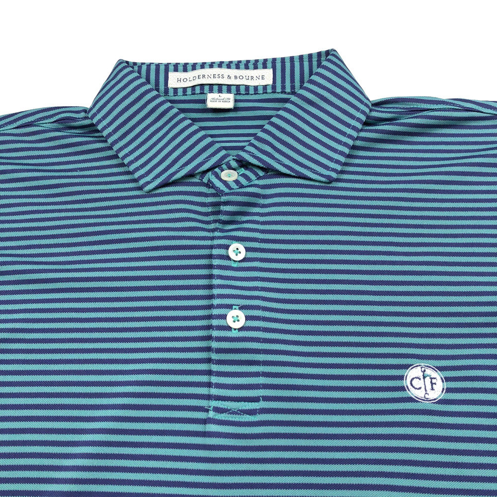 Holderness & Bourne Tailored Fit LG Golf SS Button Polo Striped Shirt Blue Green